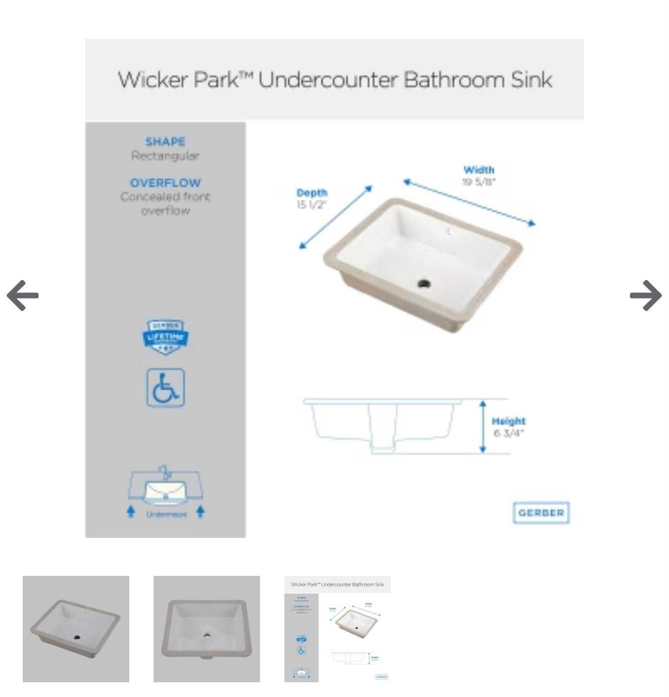 Lavabo rectangulaire sous-comptoir pour salle de bain Wicker Park